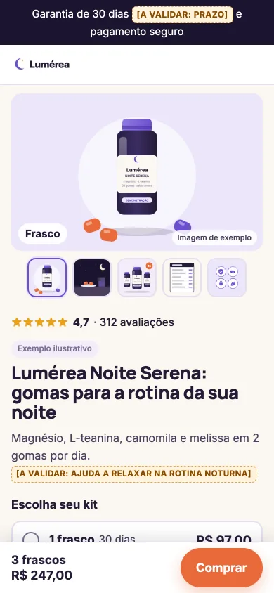 Primeira tela do modelo Oferta com kits no celular, com marca fictícia