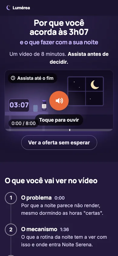 Primeira tela do modelo Página de vídeo no celular, com marca fictícia
